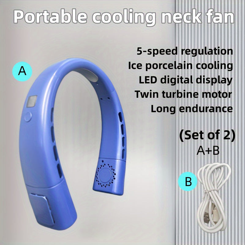 Two portable neck fans featuring quick cooling ice porcelain, bladeless design, USB-C fast charging, 5-speed LED display, quiet dual turbine motor, and long battery life. Ideal for outdoor activities, sports, home use, leisure, students, gifting