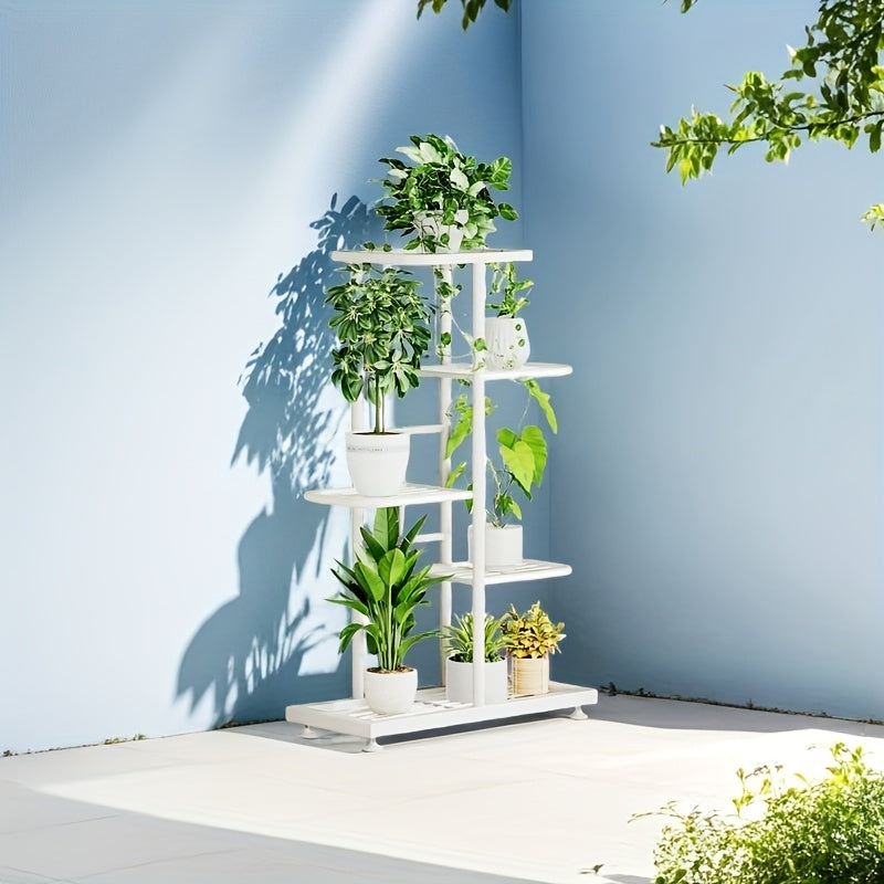 Iron plant stand with 5 layers for organizing and displaying flowers and pots in the home garden.