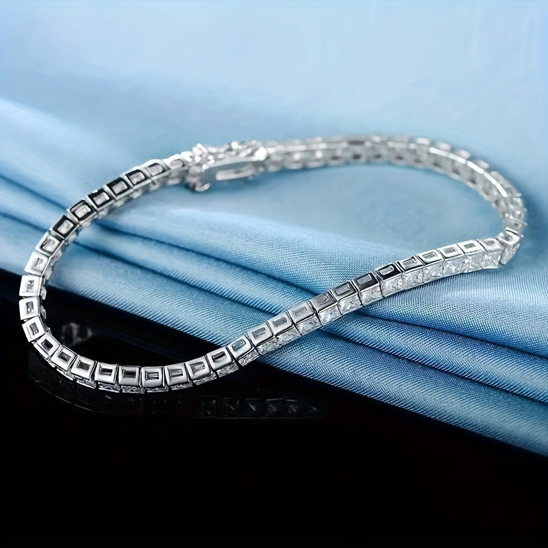 Classy 925 Sterling Silver Tennis Bracelet featuring Square-Cut Moissanite Stones, a Chic Silver-Plated Fashion Accessory suitable for Everyday Wear and Gifting, Versatile Unisex Jewelry perfect for Valentine's Day and any occasion.