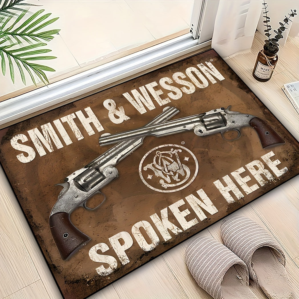 Soft and cozy 1pc Pistol Pattern Area Carpet with non-slip backing. This dirt resistant and machine washable carpet is perfect for both indoor and outdoor use as an entrance door mat or bedroom carpet. Featuring a military theme with denim revolver