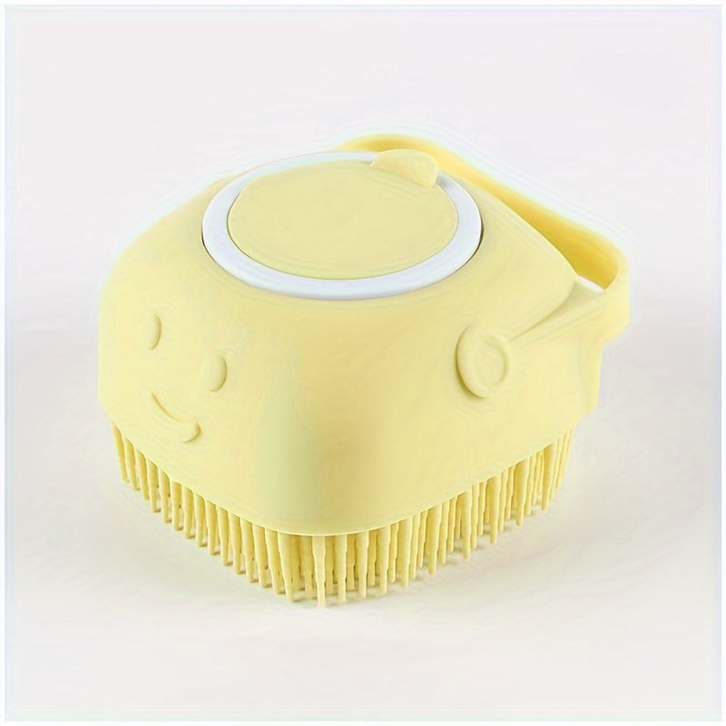 Silicone pet shampoo brush with dispenser for dogs and cats - no batteries needed.