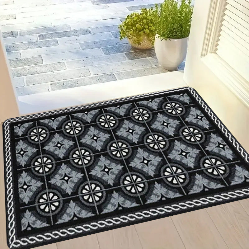 One piece of kitchen mat measuring 1.1cm thick, made from non-slip, durable, and stain-resistant polyester fiber. Features a simple pattern print suitable for use in the kitchen, living room, porch, balcony, or as home décor. Easy to clean as it is