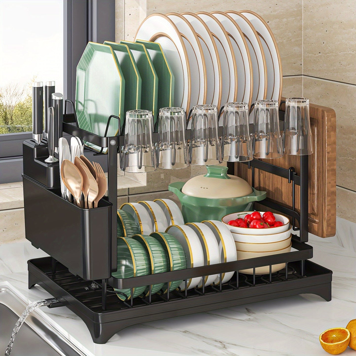 Kitchen Counter Rustproof 2-Tier Dish Drying Rack with Double Layer, Drainboard, and Utensil Holder - Ideal for Kitchen Accessories