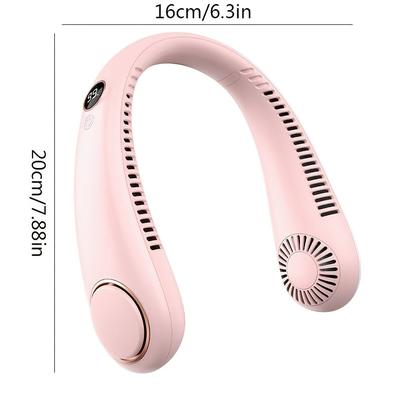 This cordless neck fan features a bladeless design and comes with 5 speed settings for customizable airflow. Its 1800mAh rechargeable lithium battery ensures long-lasting use, making it a convenient wearable personal fan for both indoor and outdoor use.