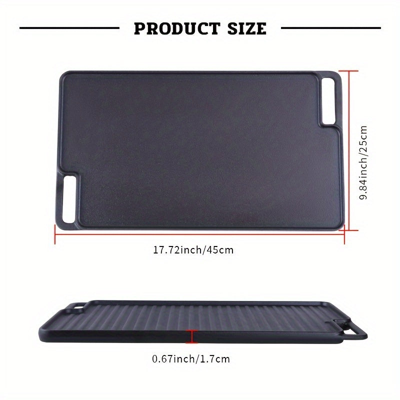 Introducing the Tastedeli 45.72x25.4cm Pre-Seasoned Cast Iron Double Grill/Griddle! Ideal for Outdoor Camping, Picnics & BBQs - TASTEDELI