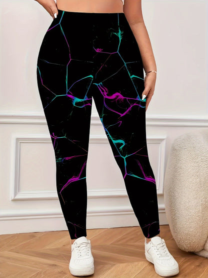 High-waisted floral print leggings for women in plus size. Stretchy, casual, and machine washable. Black with vibrant purple & teal accents. Suitable for all seasons, with a comfortable fit.