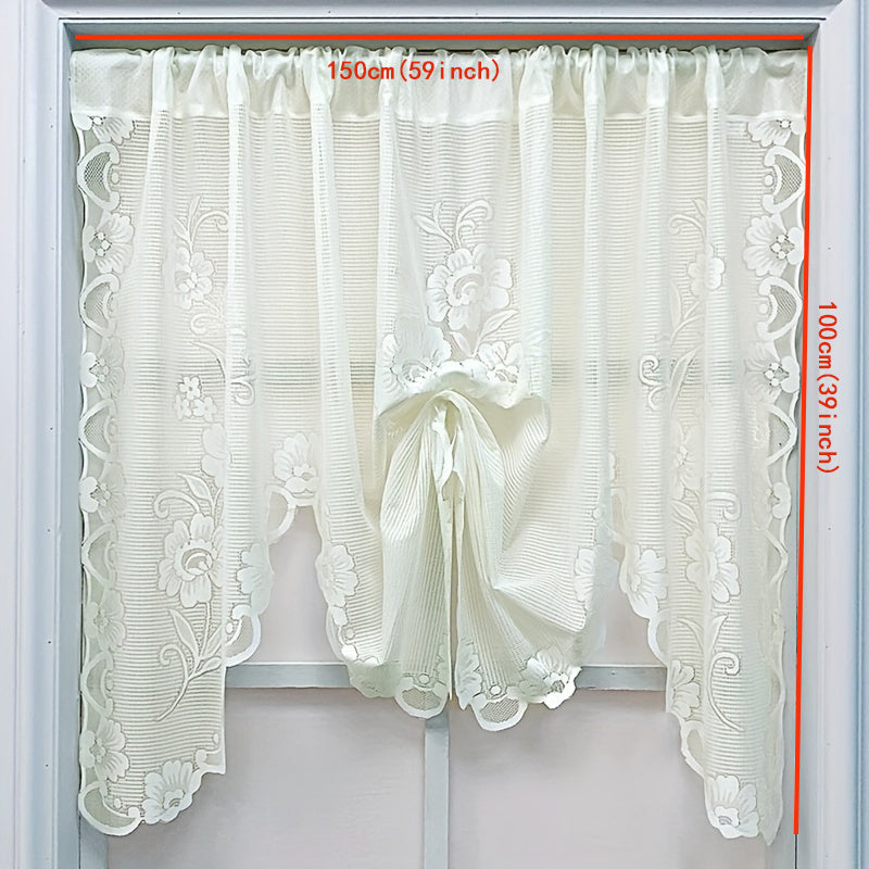 Elegant white lace flower print curtain, suitable for bedroom, living room, kitchen, and study. This rod pocket window treatment is perfect for home decor.