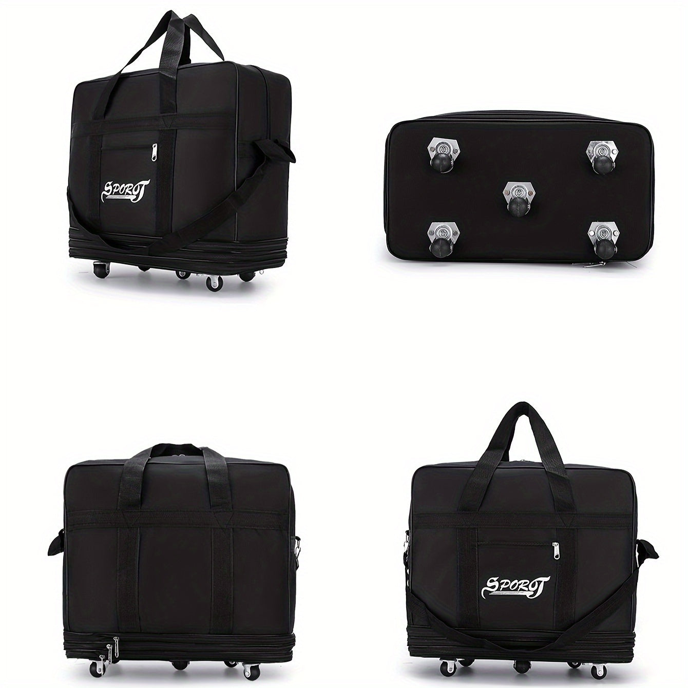 Foldable rolling travel luggage bag made of polyester with large capacity and wheels. Checked duffel bag with multi-tiered storage for men and women, ideal for travel, moving, and camping.