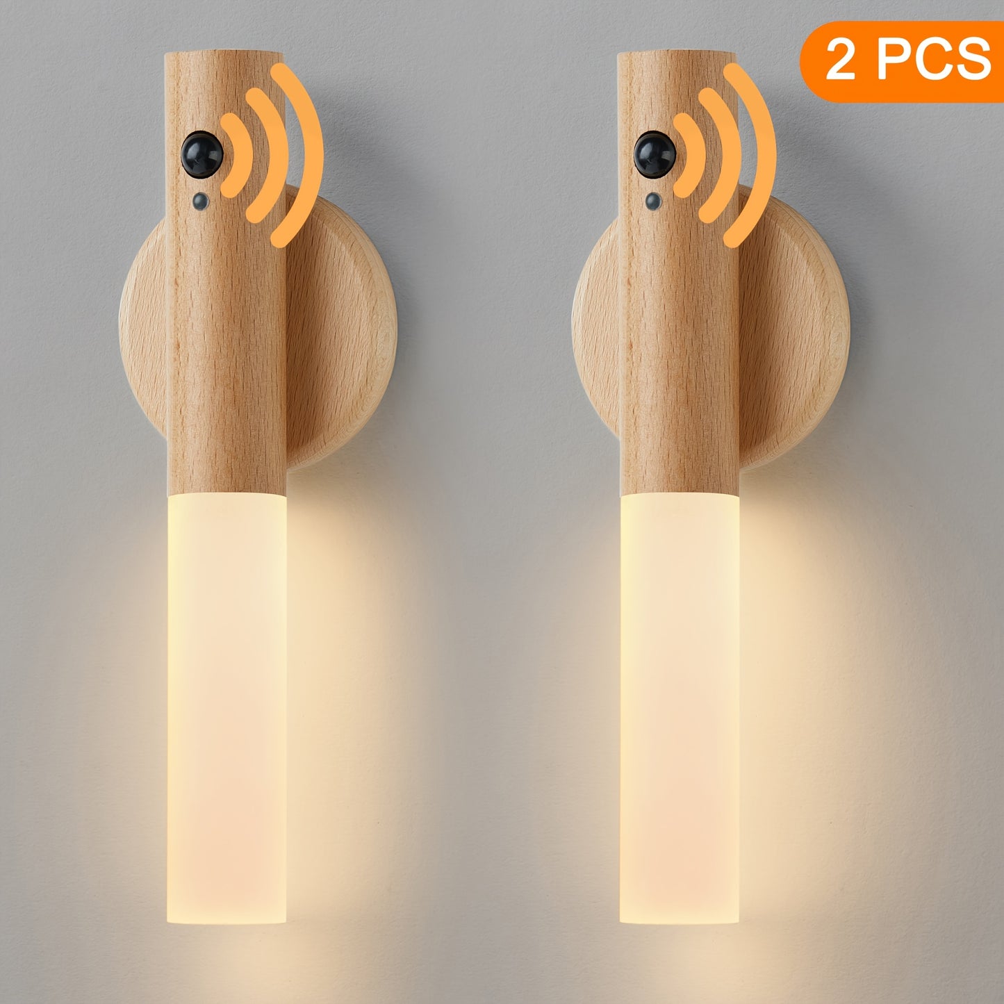 2 modern beech wood LED wall sconces with motion sensor - rechargeable, magnetic night lights for bedroom and hallway decor