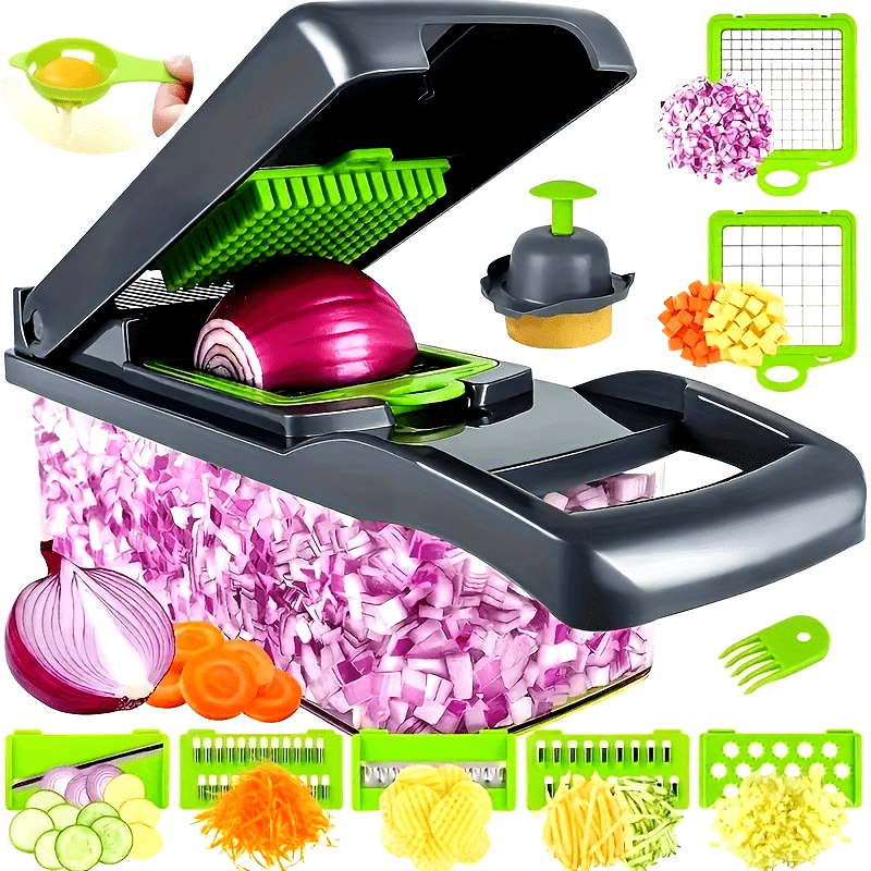 Set of 22 pieces, including a vegetable chopper, multifunctional fruit slicer, manual food grater, vegetable slicer, cutter with container, onion mincer chopper, household potato shredder, peeler, and various kitchen gadgets. Perfect for dorm essentials