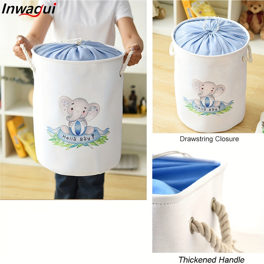 Large foldable laundry hamper with cute animal design, made of thick fabric. Features drawstring lids and can be used as a storage bin for clothes, toys, and other items in the nursery or home. A stylish and practical organizer.