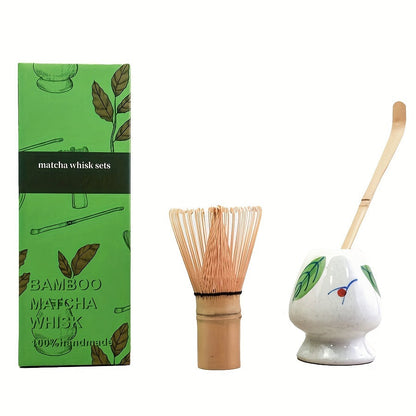 Complete Set of Traditional Japanese Matcha Tools - Includes Bamboo Whisk, Ceramic Spout, and Scoop - Ideal for Holiday Season