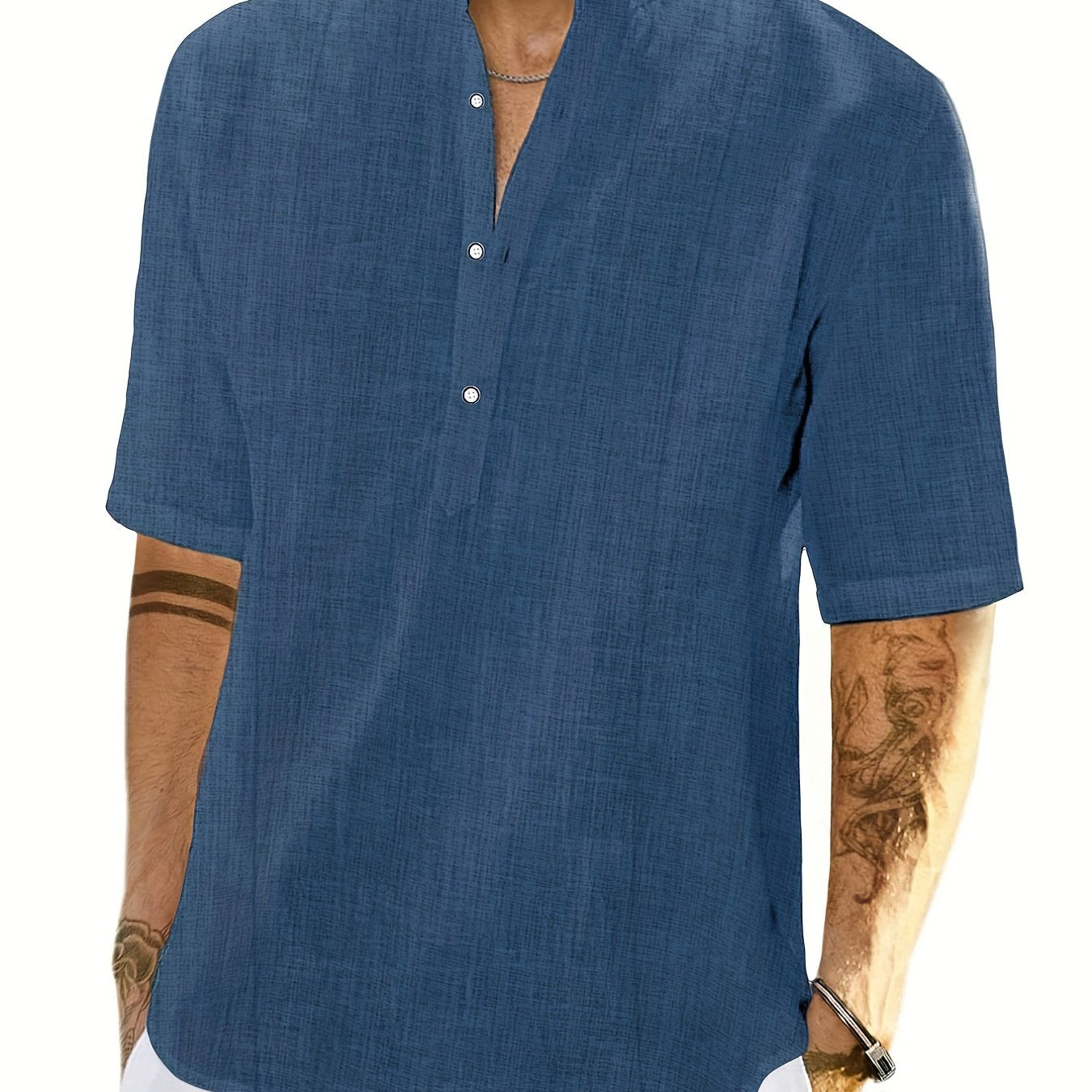 Men's Short Sleeve Navy Blue Henley Shirt made of a lightweight linen/cotton blend, perfect for summer beachwear. Loose fit, machine washable and available in Plus Size.