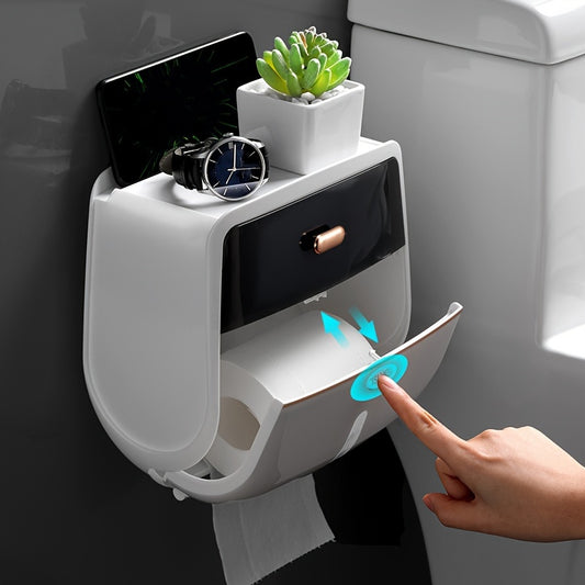 Wall-mounted double-layer bathroom tissue storage box with large capacity and waterproof design.