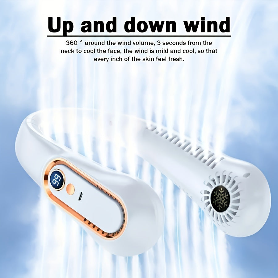 1 piece of Mini Portable Bladeless Hanging Neck Fan equipped with LED Light for ultimate convenience. Enjoy long-lasting cooling with 8 hours of battery life powered by a 7000mAh rechargeable battery. The fan features up and down double ventilation for