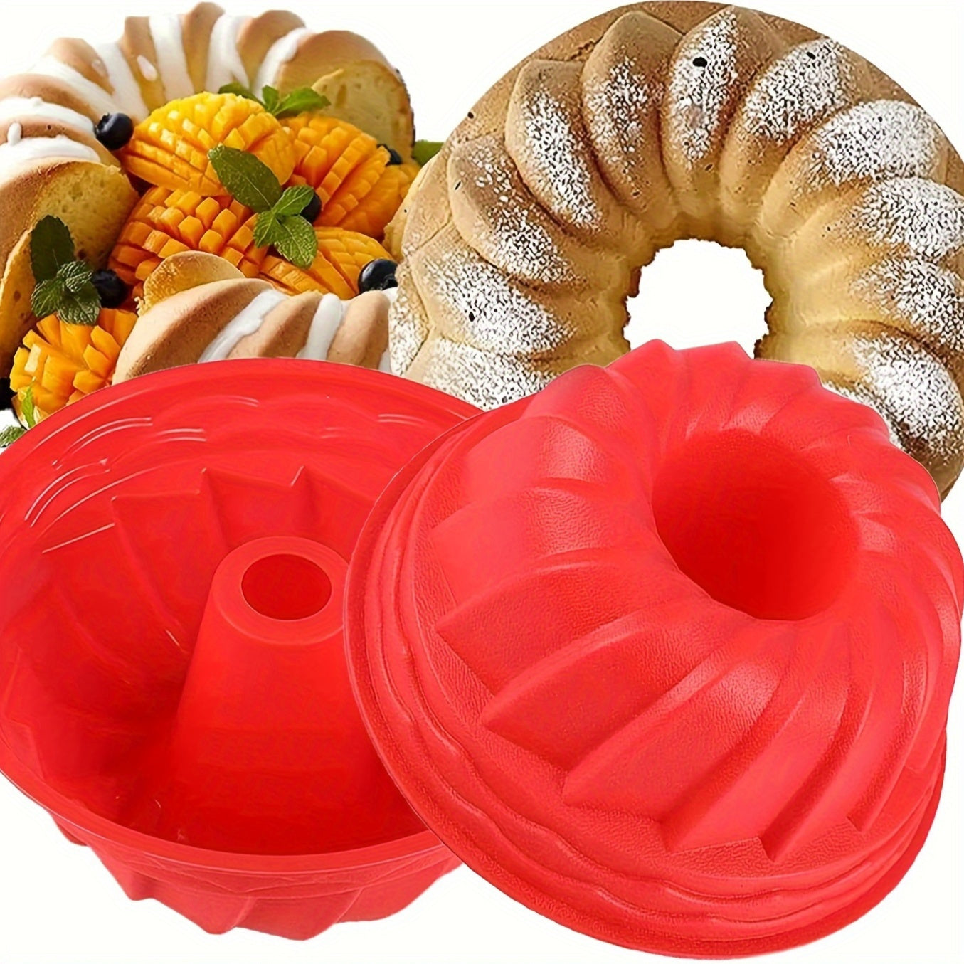 Set of Silicone Bundt Cake Pans - Includes 1 Oven-Safe Nonstick Mold Perfect for Christmas Baking - Features Round Fluted, Crown, Nest, Spiral & Braided Designs for Various Baked Goods such as Cakes, Brownies, Flans & Meatloaf