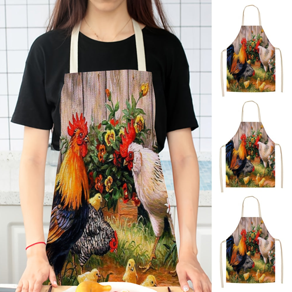 1pc Linen apron with soft rooster print, thickened cute waist design, perfect for fashion housework and kitchen tasks.