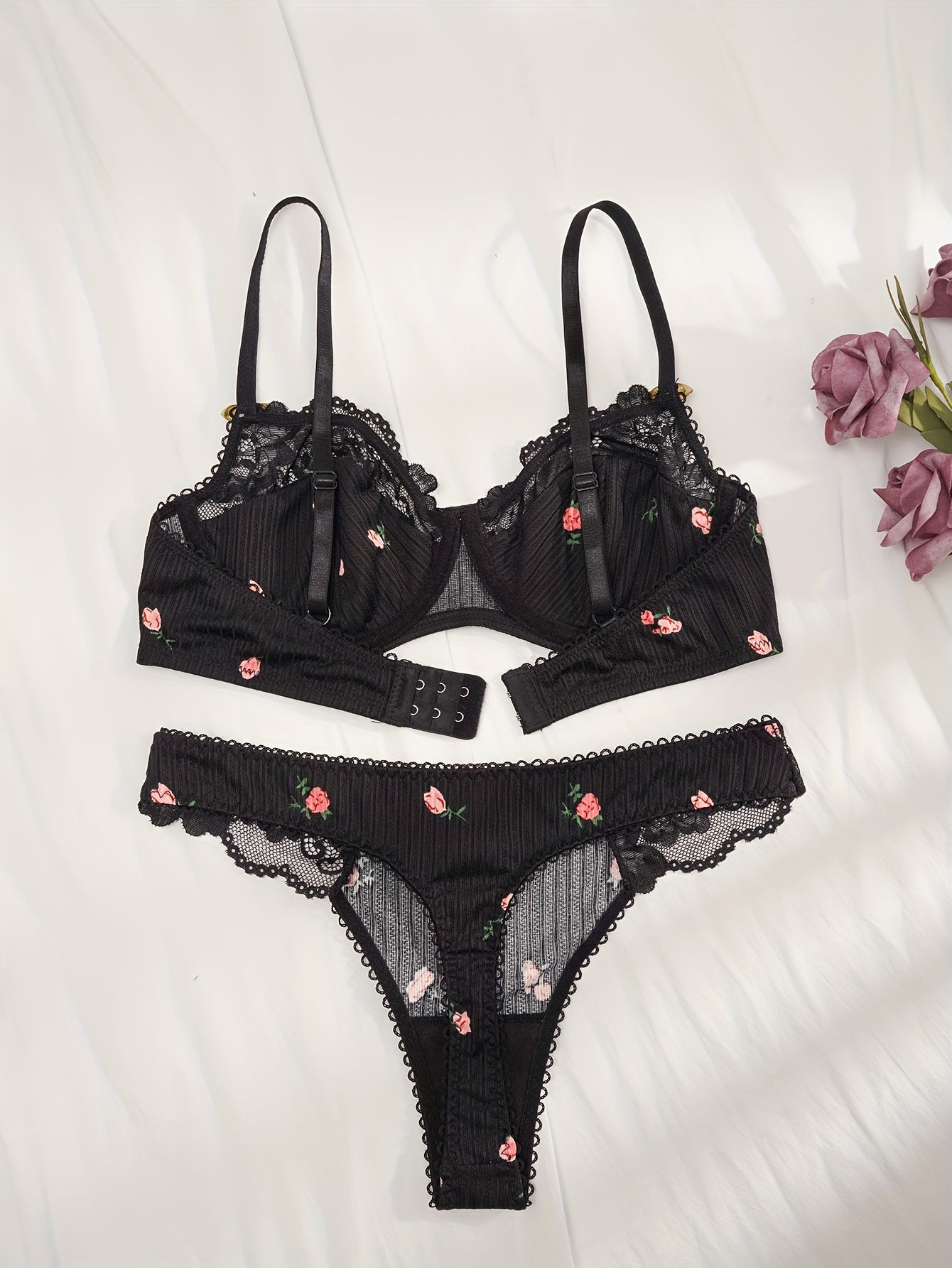 Floral print bra set and cute push-up bra with lace thong lingerie for women