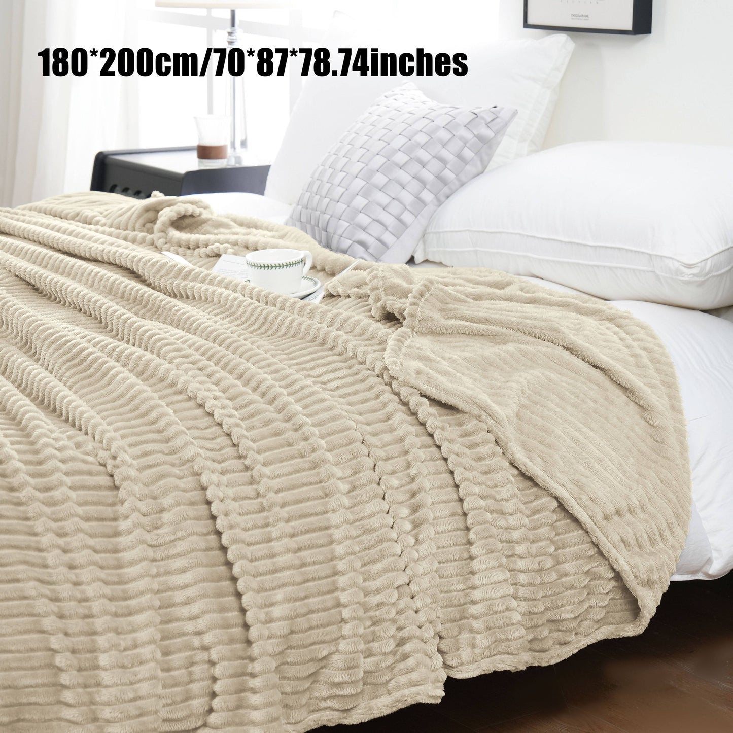 Enjoy the cozy comfort of our 1 piece 220GSM Flannel Throw Blanket, featuring a soft and warm ribbed design available in Beige, Gray, Black, or White. Perfect for all seasons, this blanket is ideal for use in the bedroom, sofa, office, or even for your