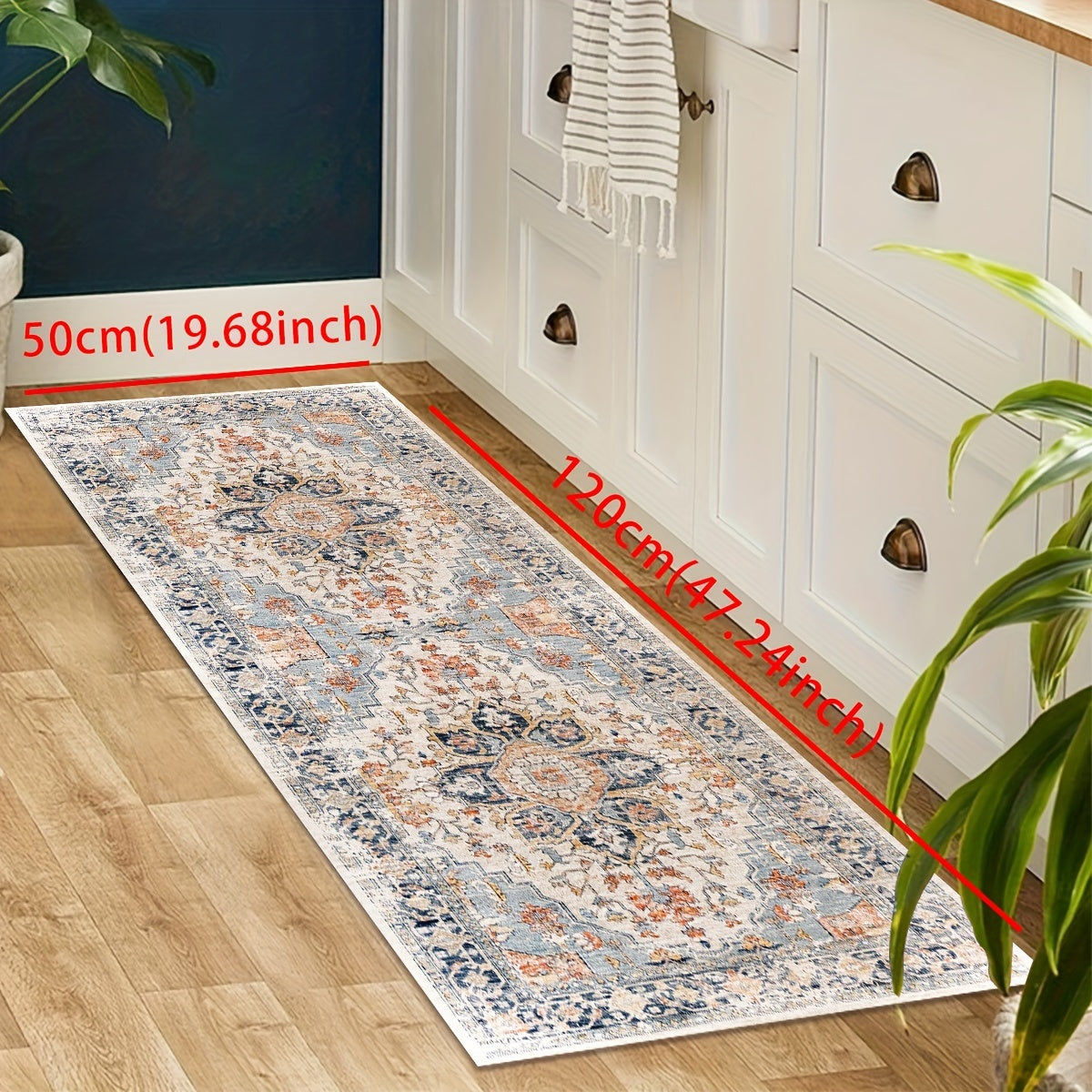 Lightweight Bohemian Light Blue Paisley Pattern Comfort Mat with Non-Slip PVC Backing - Machine Washable Polyester Kitchen Rug | Braided Weave, Medium Pile | Decorative Anti-Fatigue Runner for Kitchen, Dining, Laundry Room - Under 2.16m², Shortest Side