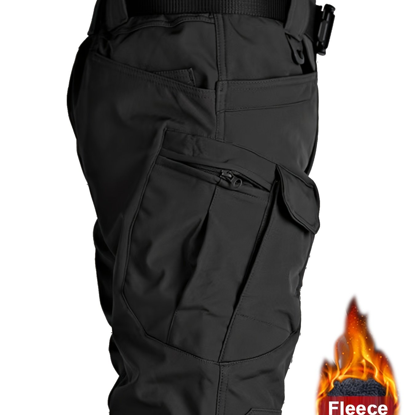 Fleece-lined tactical pants for men, made with warm, durable polyester-spandex blend. Features multiple pockets, adjustable waistband, and casual style for winter outdoor activities.