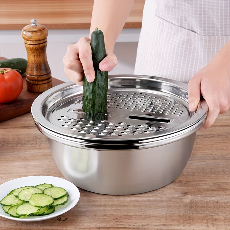 3-piece stainless steel kitchen set featuring an integrated grater, multifunctional strainer, and mixing bowl. Ideal for washing and slicing fruits, vegetables, and cheese. These food-safe prep bowls also come equipped with a drainage system for added