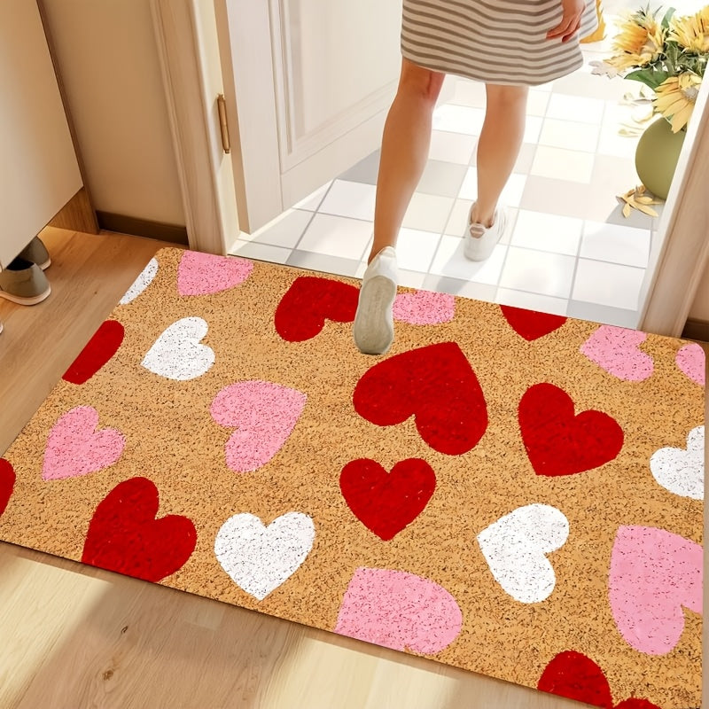 Valentine's Day Heart Door Mat - This machine washable, stain-resistant mat made of low pile polyester is perfect for indoor or outdoor use. Featuring a romantic red, pink, and white design, this easy-to-clean, machine-made rectangle rug is ideal for