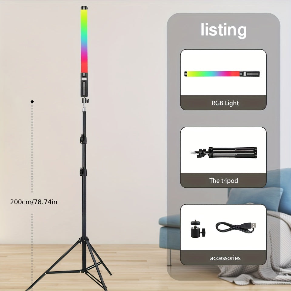 Handheld RGB video stick light with adjustable color temperature and CRI 95+, built-in battery, tripod stand, and dimmable panel for various uses.