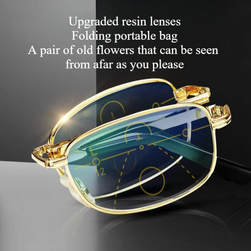 Foldable Golden Dual Light Reading Glasses with Bi-Focal Lenses (+1.0~+4.0) in Stylish Metal Frame. Portable and Scratch-Resistant for Office, Home & Travel. Comes with Case.