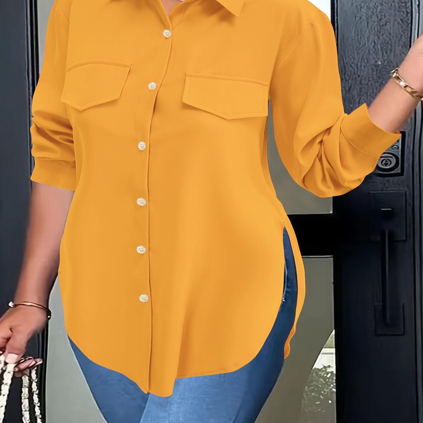 Curved hem blouse for spring, button front and collared, plus size.