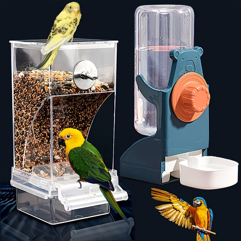 Automatic bird feeder and water dispenser set for small birds made of durable PP material. Transparent and easy to use accessories for parakeets, canaries, finches, lovebirds, and other