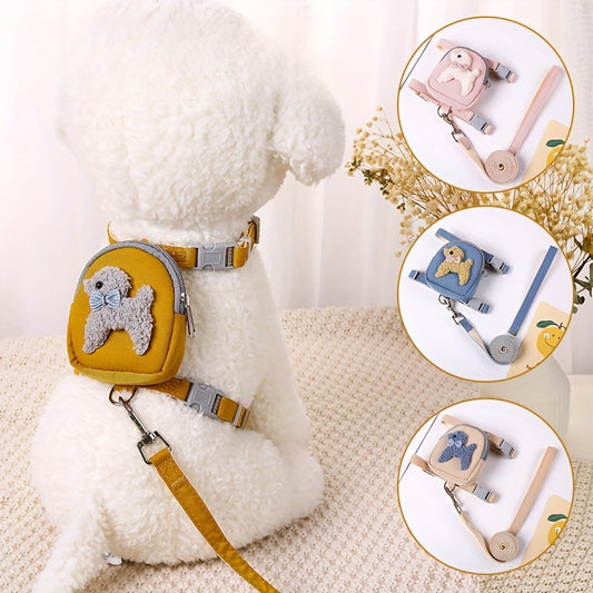 Nylon pet backpack with cute 3D animal design, adjustable chest strap, and durable leash for cats and small dogs.