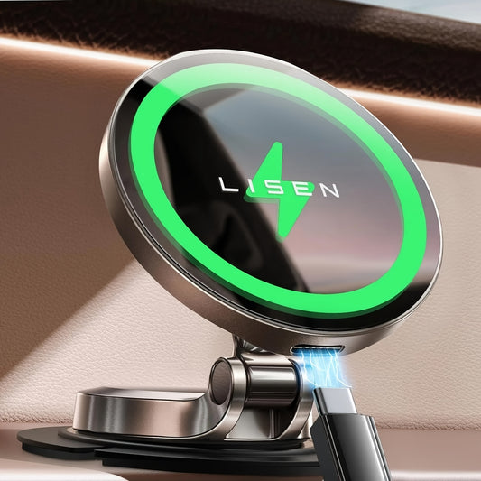 LISEN Magnetic Car Mount Charger with 15W fast charging for iPhone 15 Pro Max and other models, ultra mini metal design, 2024 magnetic wireless dashboard charger. No adapter required.