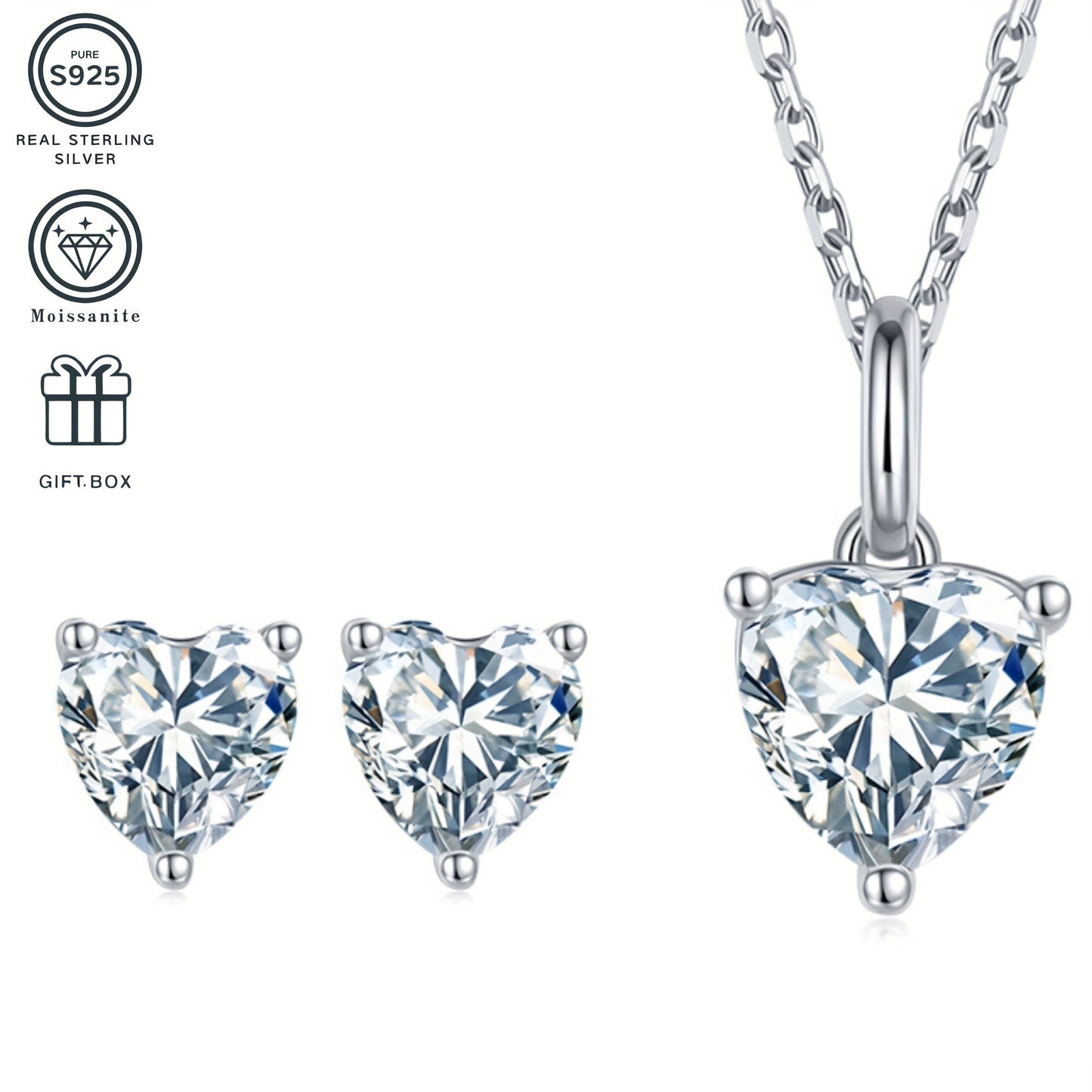 Timeless Retro Charm 925 Silver Plated 3-Piece Jewelry Set - Heart-Shaped Moissanite Necklace & Earrings, Combined Weight 2.02g, Non-Allergenic, Perfect for Wedding, Festivals, Halloween, Graduation - Comes with Elegant Gift Box