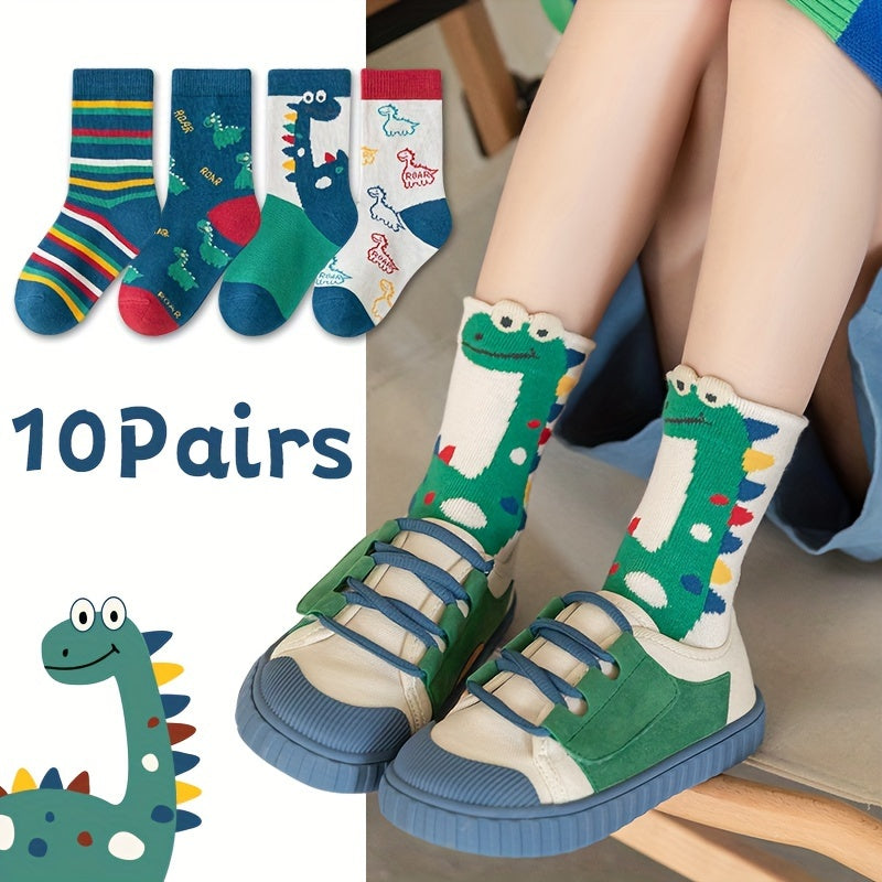 10 pairs of boys' cute dinosaur pattern crew socks, perfect for outdoor activities in the summer.