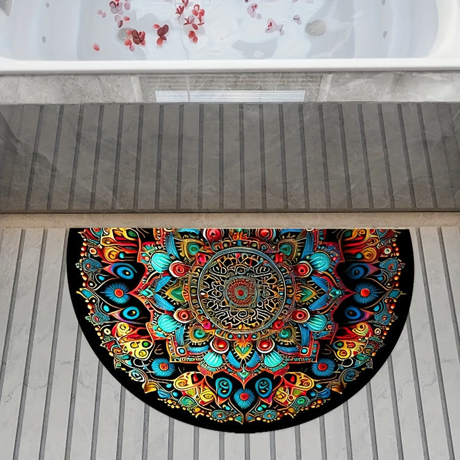 This outdoor doormat is made of finely woven high-density fine sand imitation cashmere material with a TPR bottom, featuring a half-round bohemian mandala element design. It is non-slip, wear-resistant, thick, soft, skin-friendly, and shedding-free