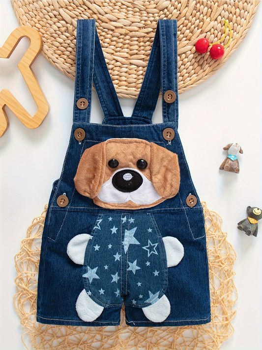 Boys' denim overalls with dog embroidery, lightweight summer shorts, breathable fabric blend with animal pattern. Regular fit, ideal for outdoor activities. Made of 70% cotton, 26%