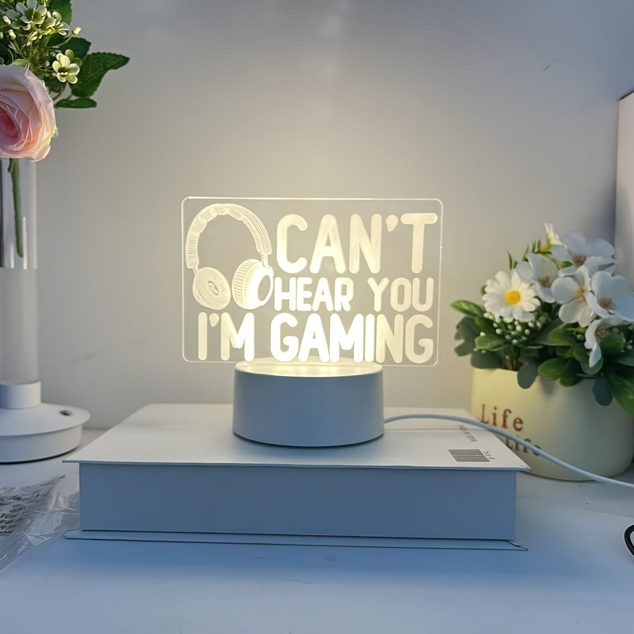 Modern USB-powered 3D gaming headset LED night light with striped design, ideal for desk and bedside decor - the perfect gift for gamers.