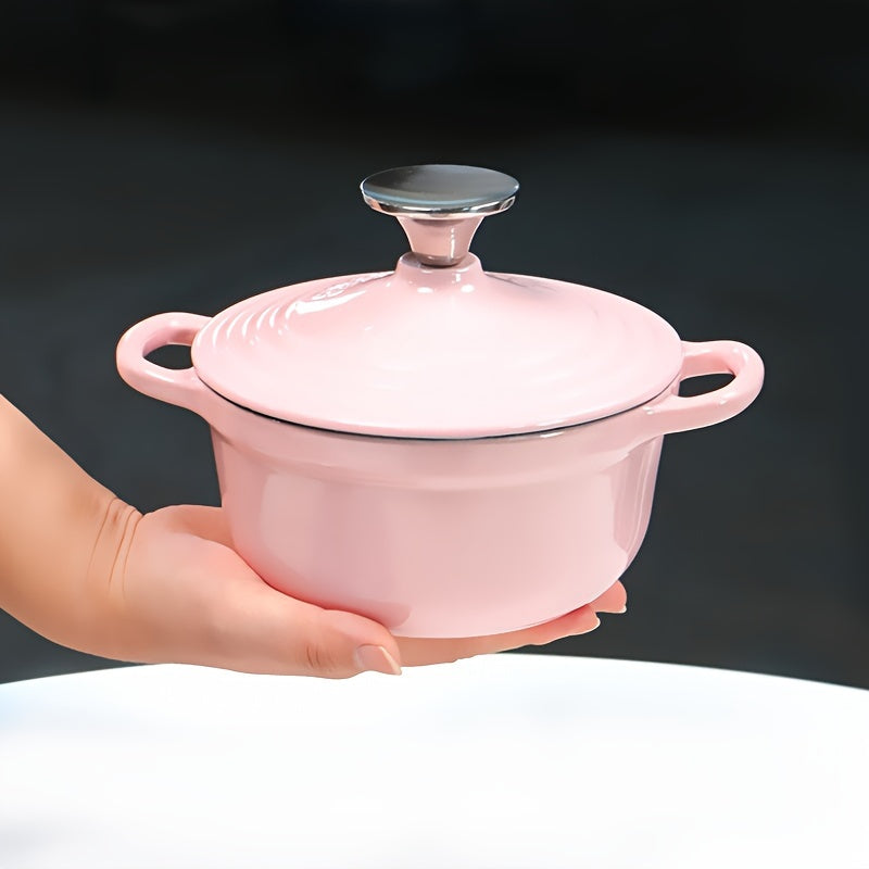 Enameled cast iron health pot, versatile for cooking rice and other dishes on induction, ceramic, electric, halogen, and gas cooktops. Comes in two sizes: 30.4oz and 60.8oz. Boasts enamel non-stick coating for easy cleaning.