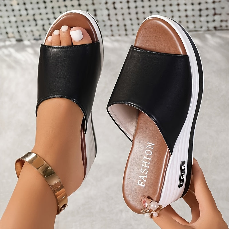 Women's white wedge sandals with a golden ankle accent and thick sole, perfect for casual summer wear.