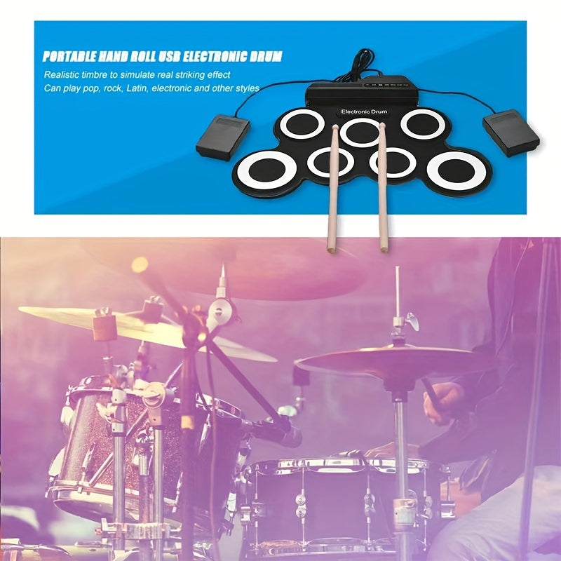 Compact and portable electronic drum kit for beginners, features USB MIDI, headphone jack, built-in metronome, and battery power. Ideal for drum practice and includes basic functions.