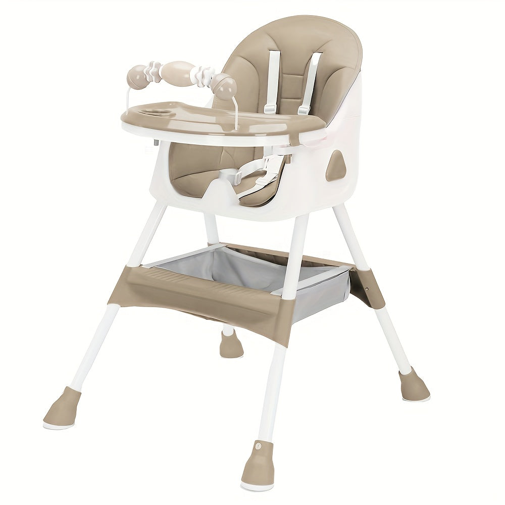 The Modern Portable Children's High Chair is a versatile and adjustable eating and playing chair with a table attachment for toddlers. It is designed to provide a high seat for infants and babies during mealtime, complete with a food plate. It makes a