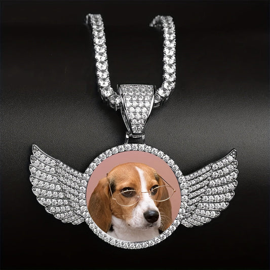 Customizable Photo Pendant Necklace in Hip Hop Style for Men and Women, featuring a Round Wing design in Gold Plated Zirconia for a fashionable look.