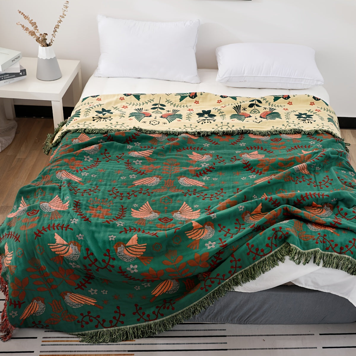 Bohemian Style Cotton Gauze Throw Blanket featuring a Spring Bird and Leaf Pattern - Versatile Sofa Cover, Bedspread, or Couch Throw Blanket - Perfect for Farmhouse Decor