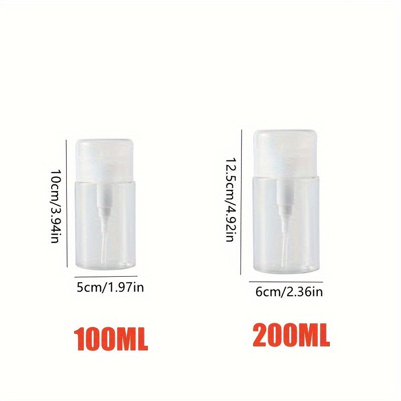 Portable Push Down Pump Bottle - Clear Plastic, 100ml/200ml, for Nail Polish & Makeup Remover, Fragrance-Free.