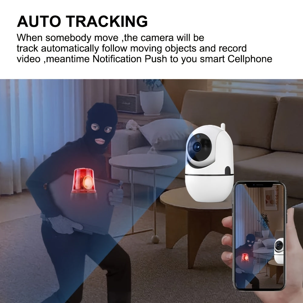 The WJG HD 1080P Wireless Security Camera offers AI Smart Human Tracking, Motion Detection, Alarm Push notifications, PTZ capability, Two-Way Audio communication, for both indoor and outdoor use. It is USB powered and compatible with smartphones.