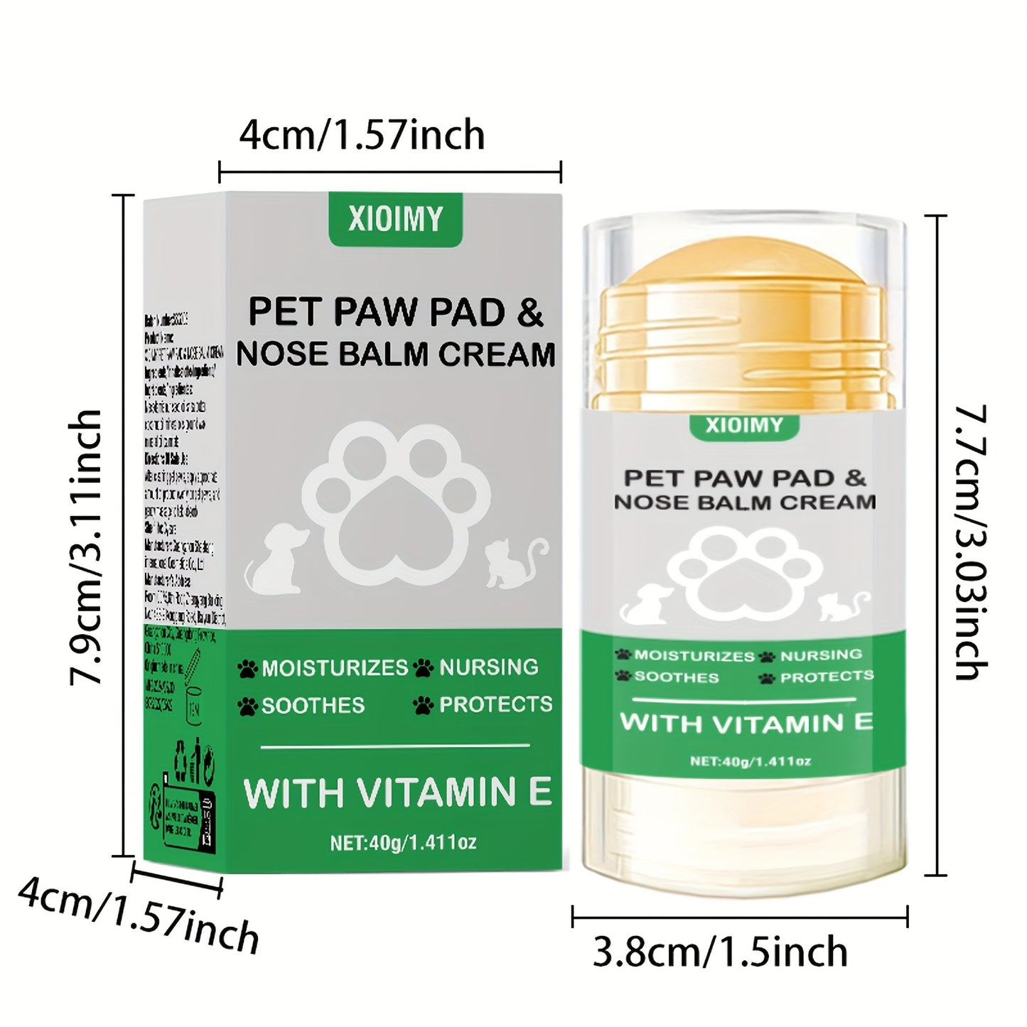 Xioimy Pet Paw Pad & Nose Balm Cream 1.411oz - Hydrating stick for cats & dogs, soothes dry cracks, all-season protection with Vitamin E.