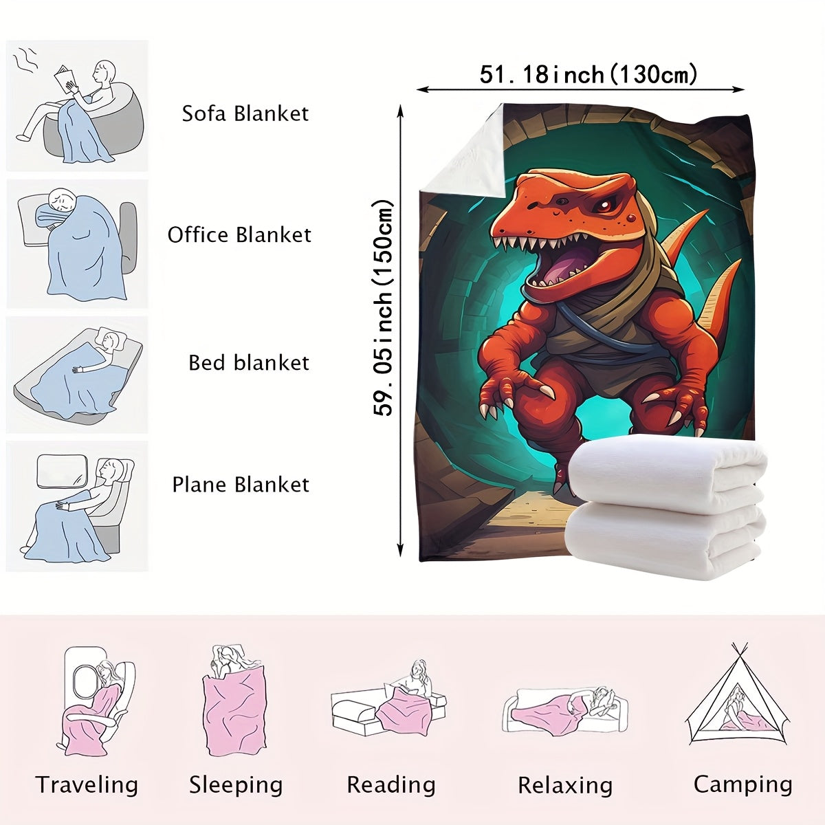 Stay cozy with the DinoDawn Cartoon Adventure Dinosaur Print Knitted Polyester Throw Blanket. This contemporary style blanket is perfect for all seasons, featuring a digital print design and soft, warm comfort. With a fabric weight of 200-250g, this