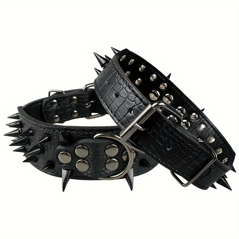 Medium to large dog collar with spiked studs, hand wash only, durable for heavy-duty use, non-breakable buckle, sturdy construction.