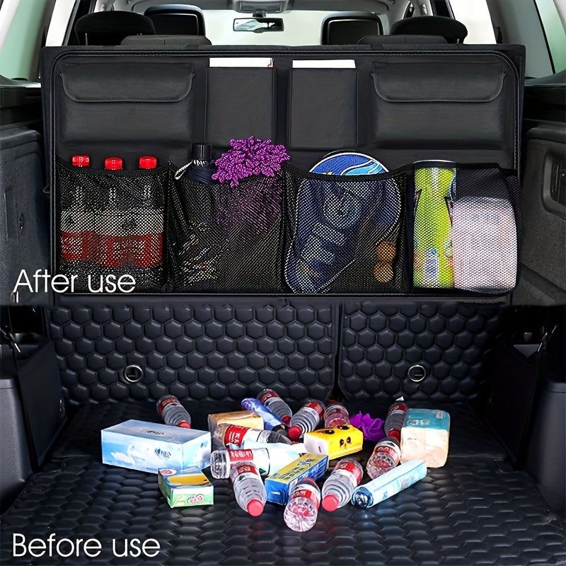 1pc Durable Polyester Car Trunk & Seat Organizer with 8 pockets and adjustable straps for organizing tools, bottles, and accessories.